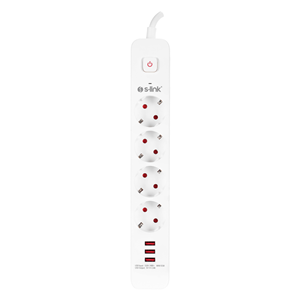 S-LINK SPG403U, 4 Soket, Akım Korumalı Priz, 3xUSB 5V 2.4A, 1.5Mt %100 Bakır 1.5mm Kablo, 750 Joule (Beyaz)